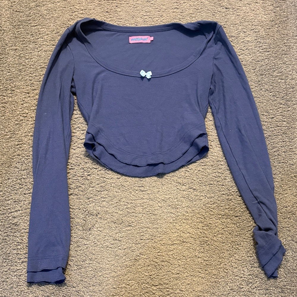 Edikted Navy Long Sleeve Top with Bow Detail